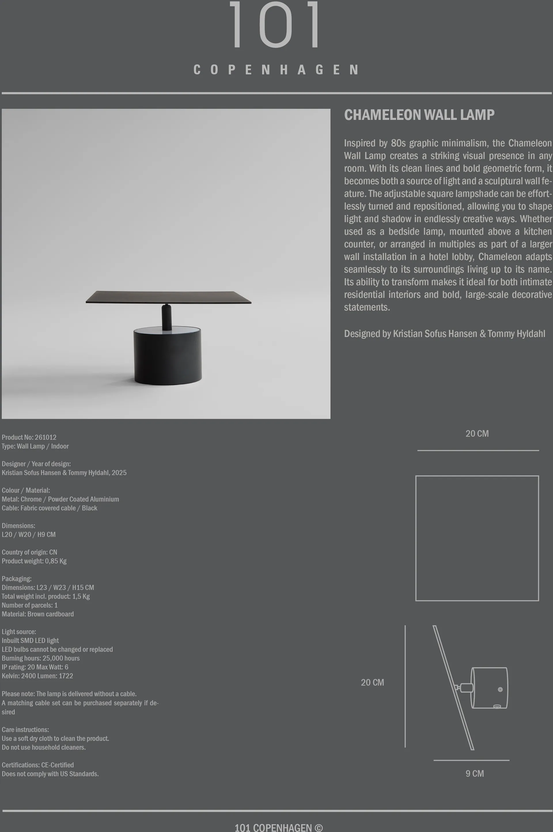 Chameleon vegglampe, Burned Black 101 Copenhagen