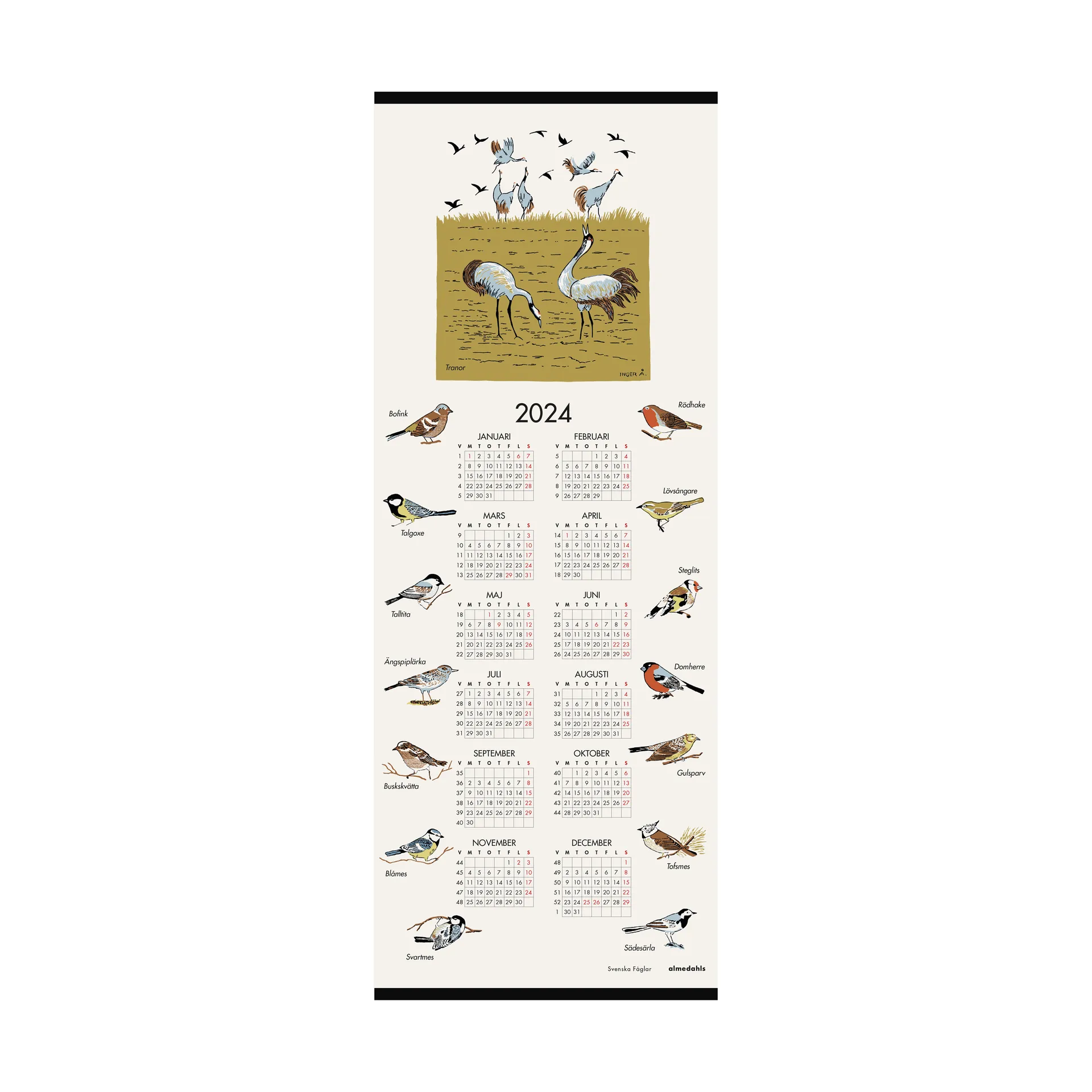 Svenske fugler kalender 2024, 35 x 90 cm Almedahls