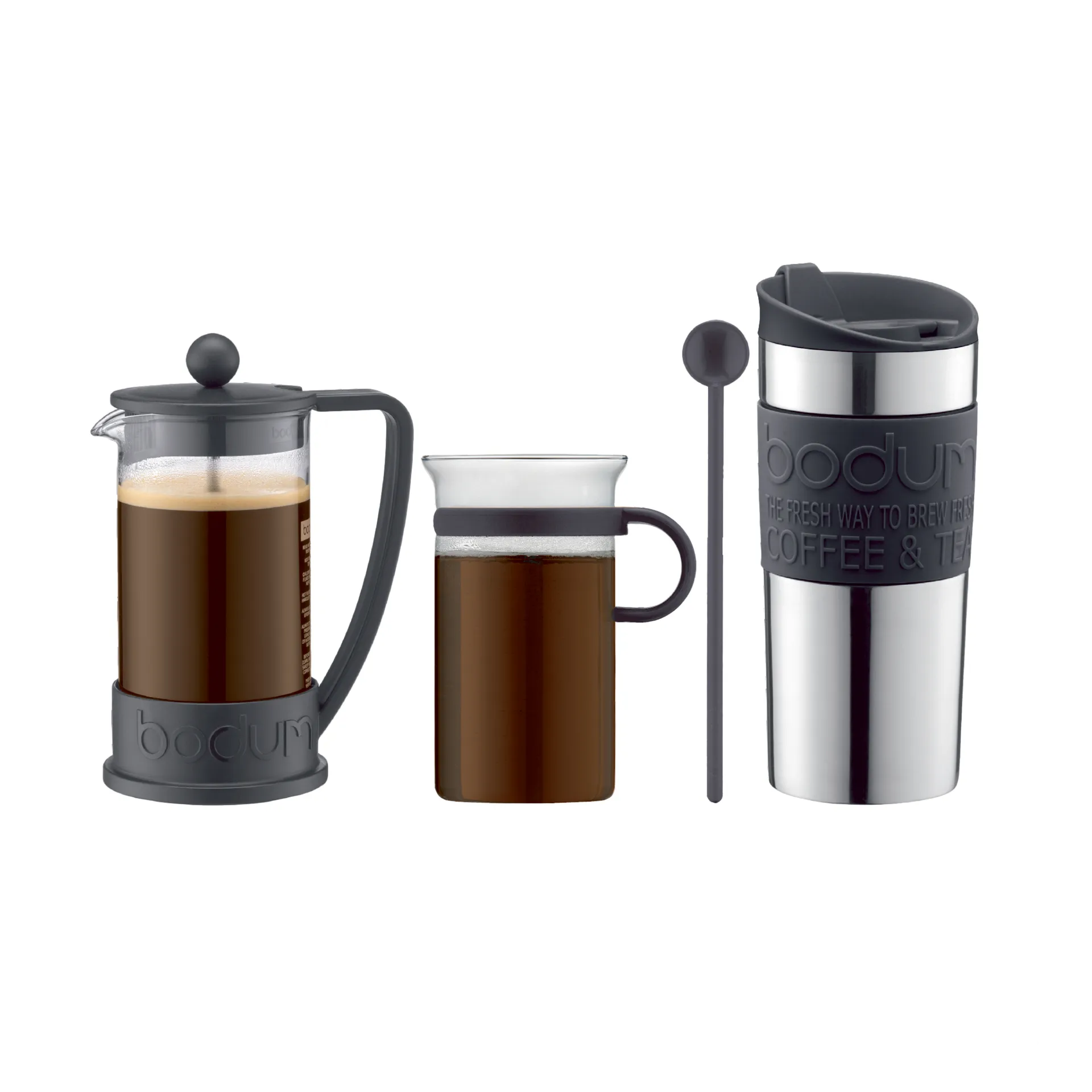 Kaffesett med presskanne, kopp, reisekopp og skje, Sort Bodum