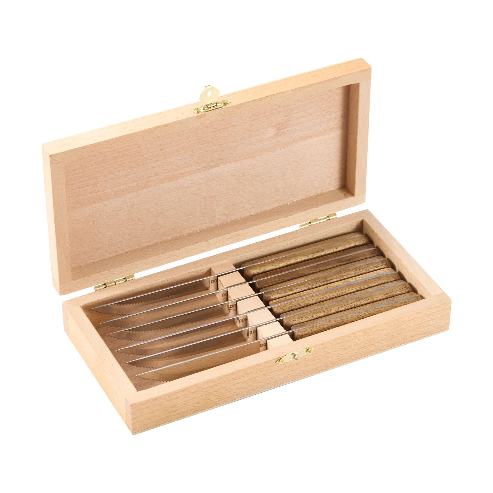 BBQ biffkniv, Rustfritt stål, 6‑pakning, trekasse akasie, 22,5×2 cm Dorre