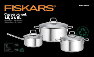 Fiskars gryte- og kasserollesett med glasslokk 3 deler - Rustfritt stål - Fiskars