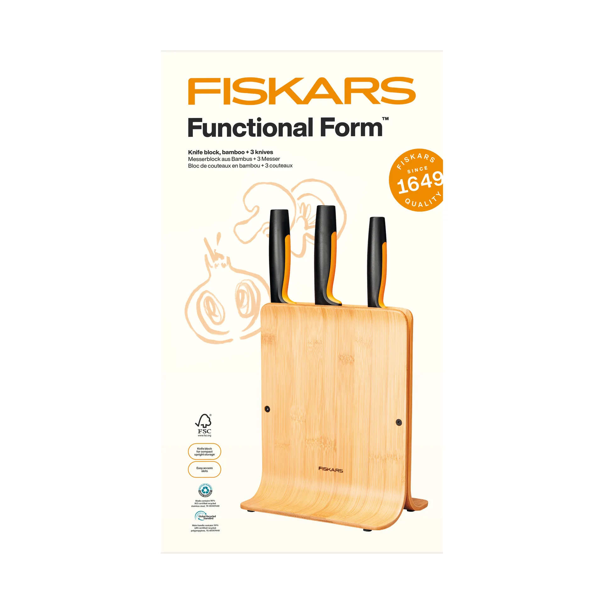 Fiskars Functional Form knivsett med knivblokk Bambus, 4 deler