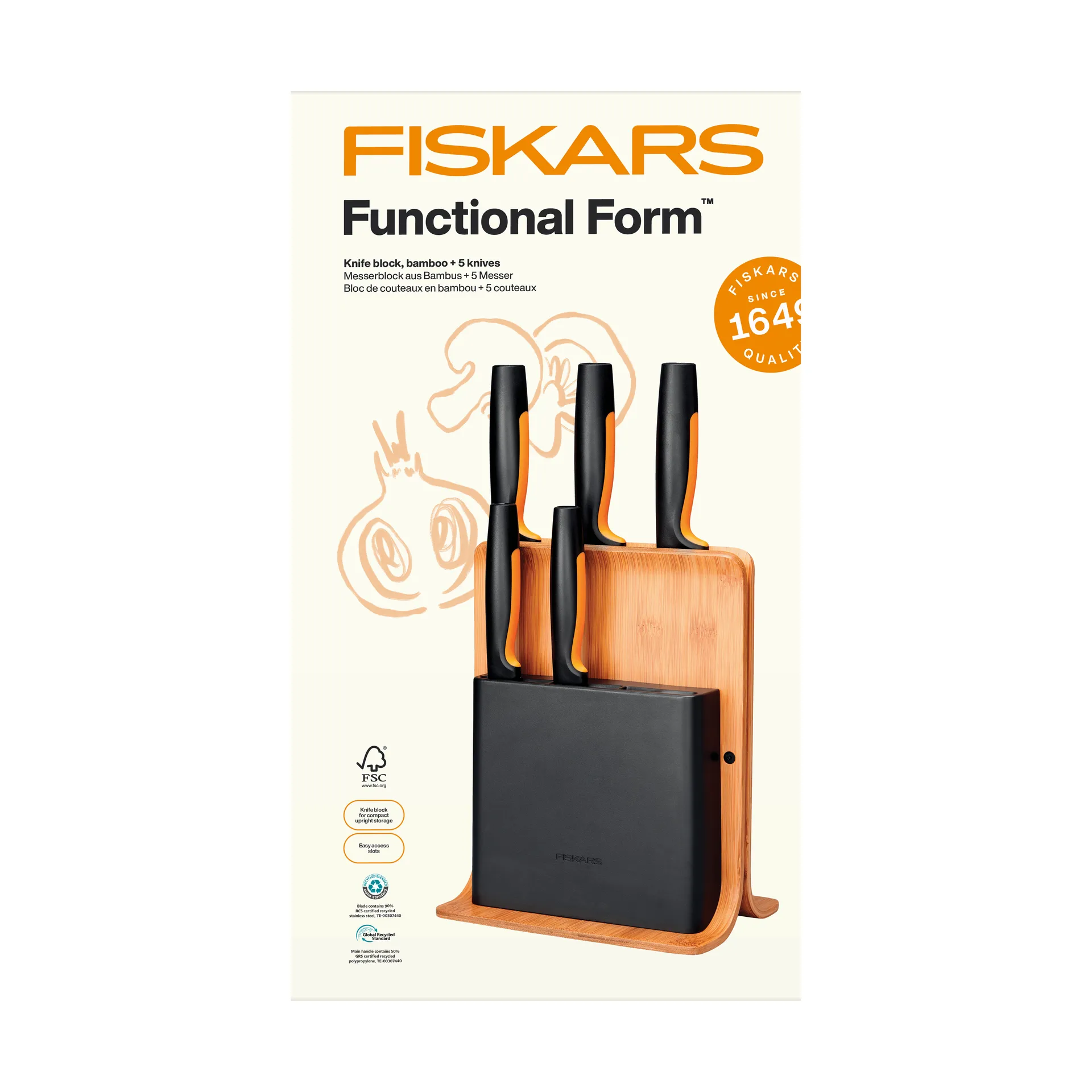 Fiskars Functional Form knivsett med knivblokk Bambus, 6 deler