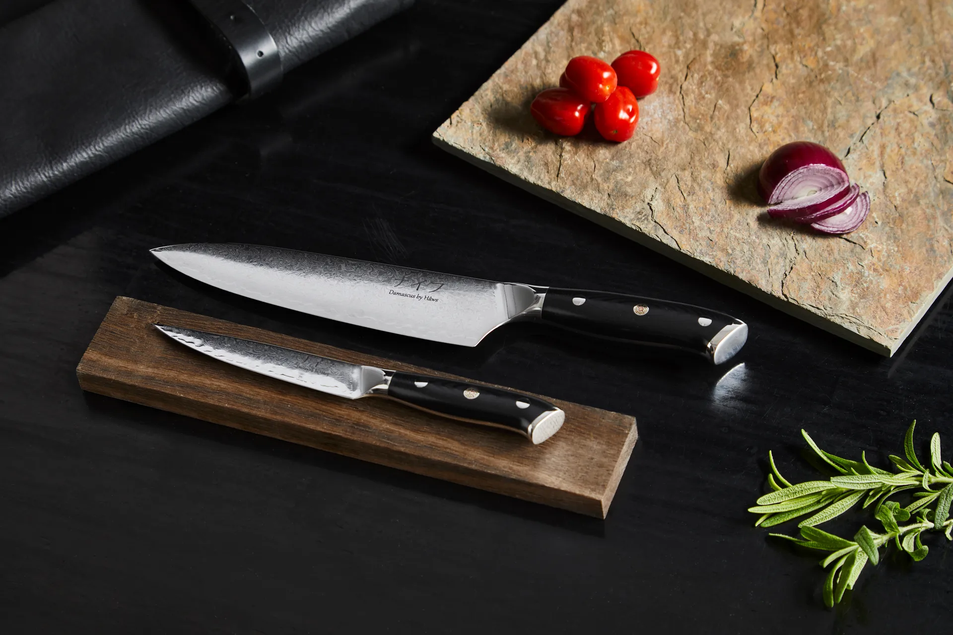 Damascus by Hâws kock- & universalknivsett 2 deler, Svart-rostfritt stål Hâws