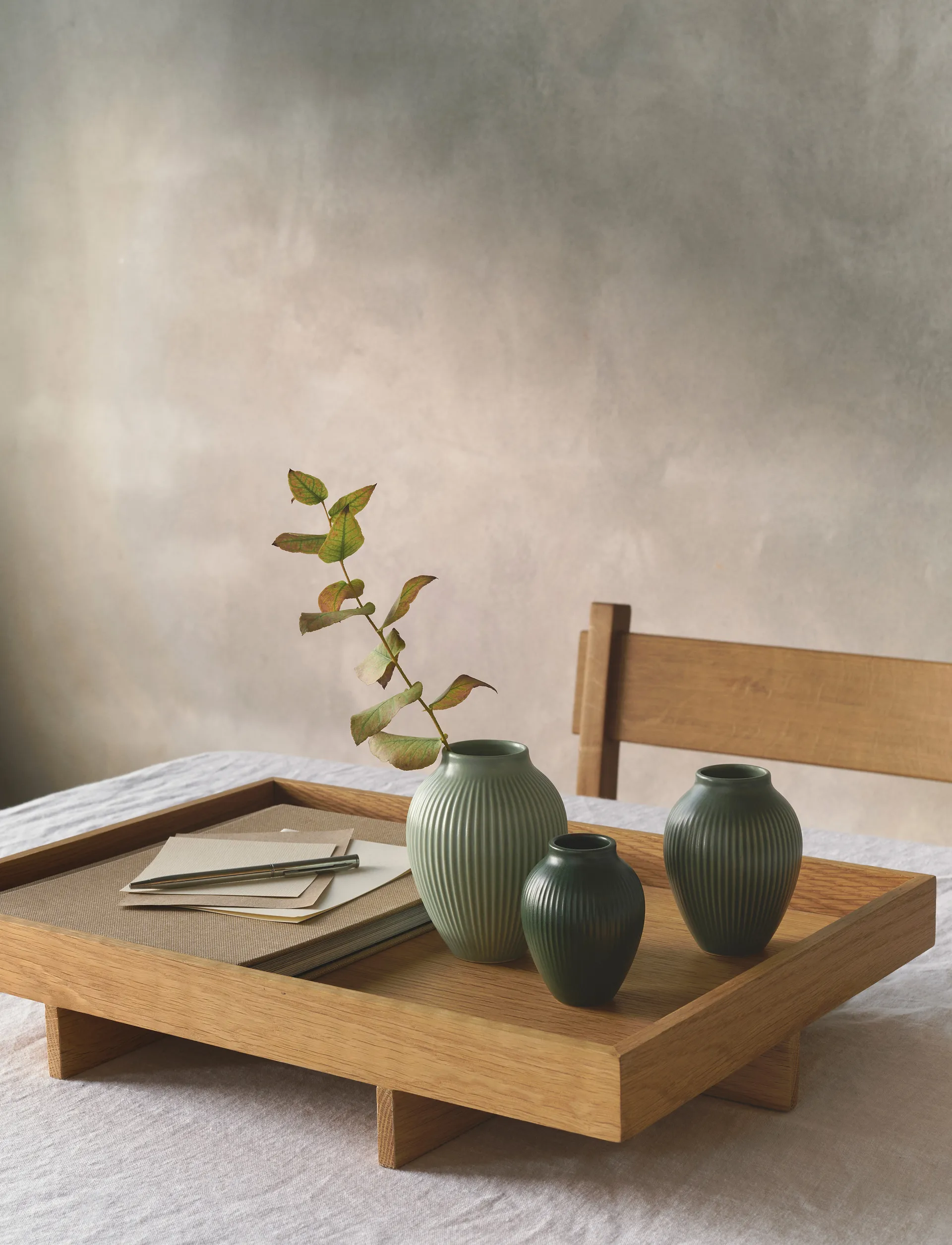 Knabstrup mini vase ripple matt 3-deler, Misty green-celadon green-dark green Knabstrup Keramik