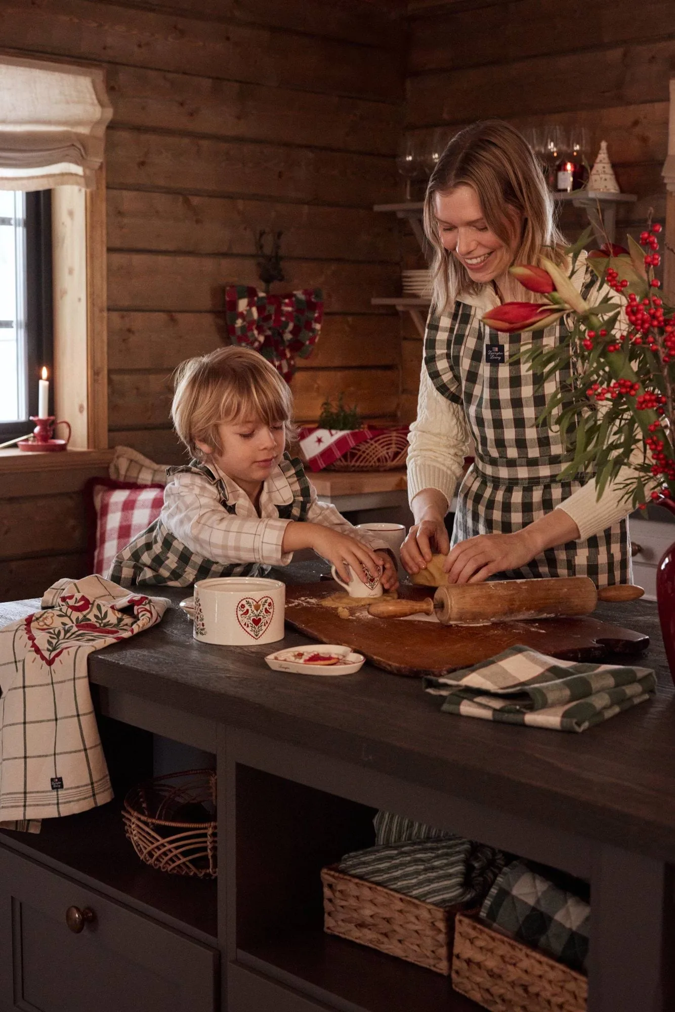 Checked bomull/lin barneforkle, Green-Light beige-red, 4-6 år Lexington