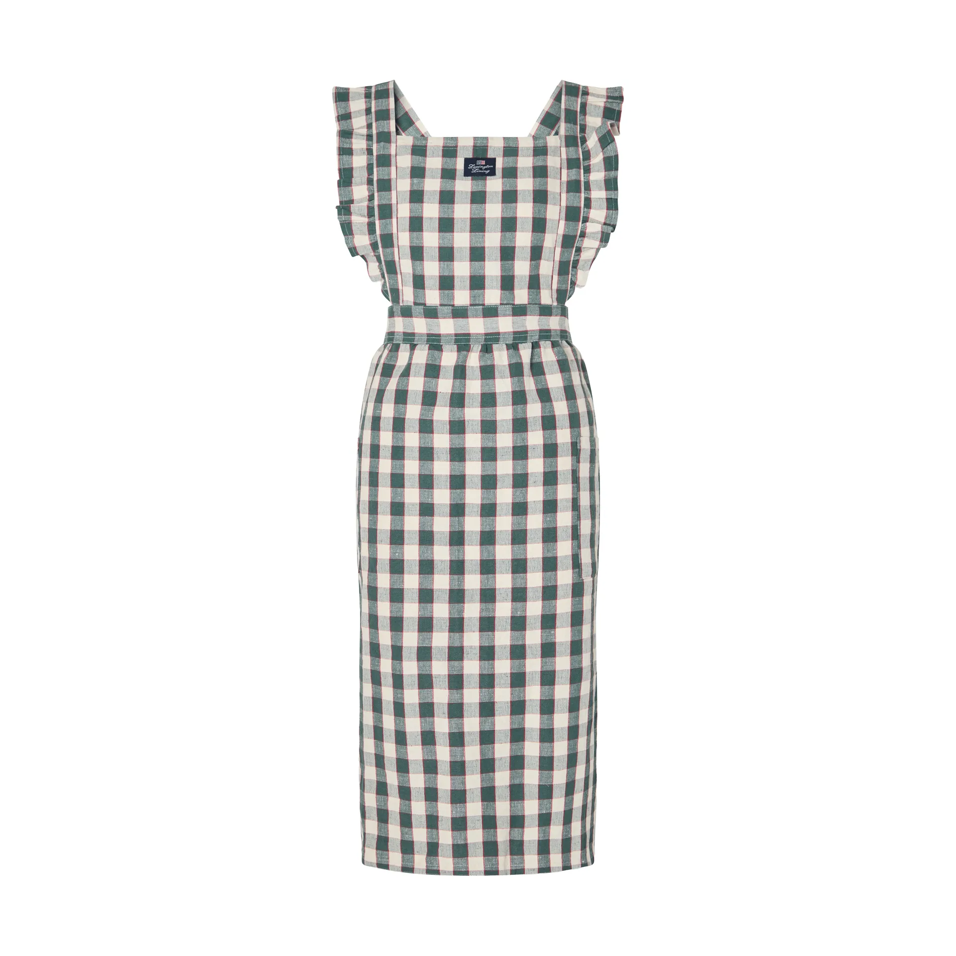 Checked bomullslin forkle, Green-Light beige-red Lexington
