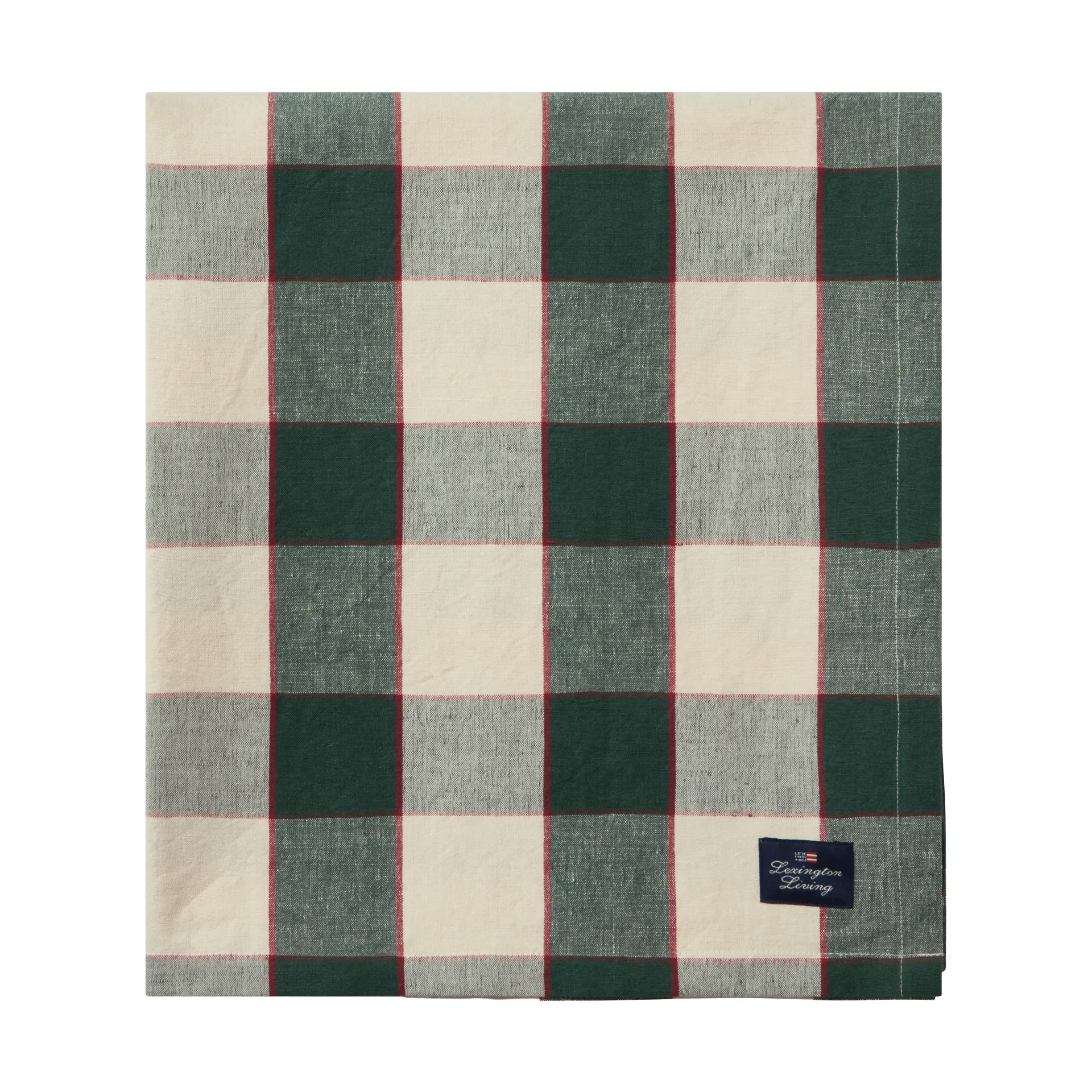 Checked Cotton Linen duk 150 x 350 cm, Green-light beige-red Lexington