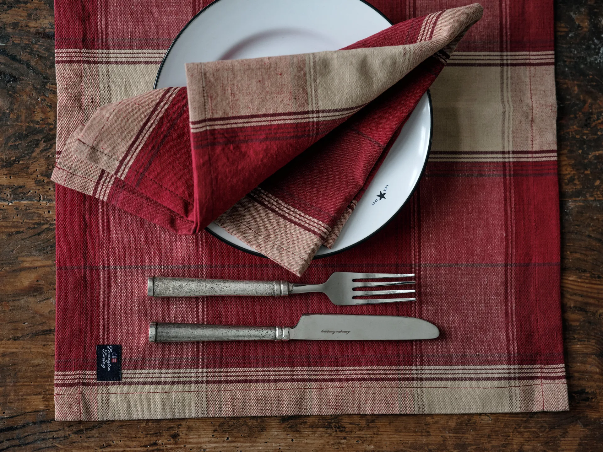 Checked Linen-Cotton bordbrikke 40x50 cm, Rød-beige Lexington