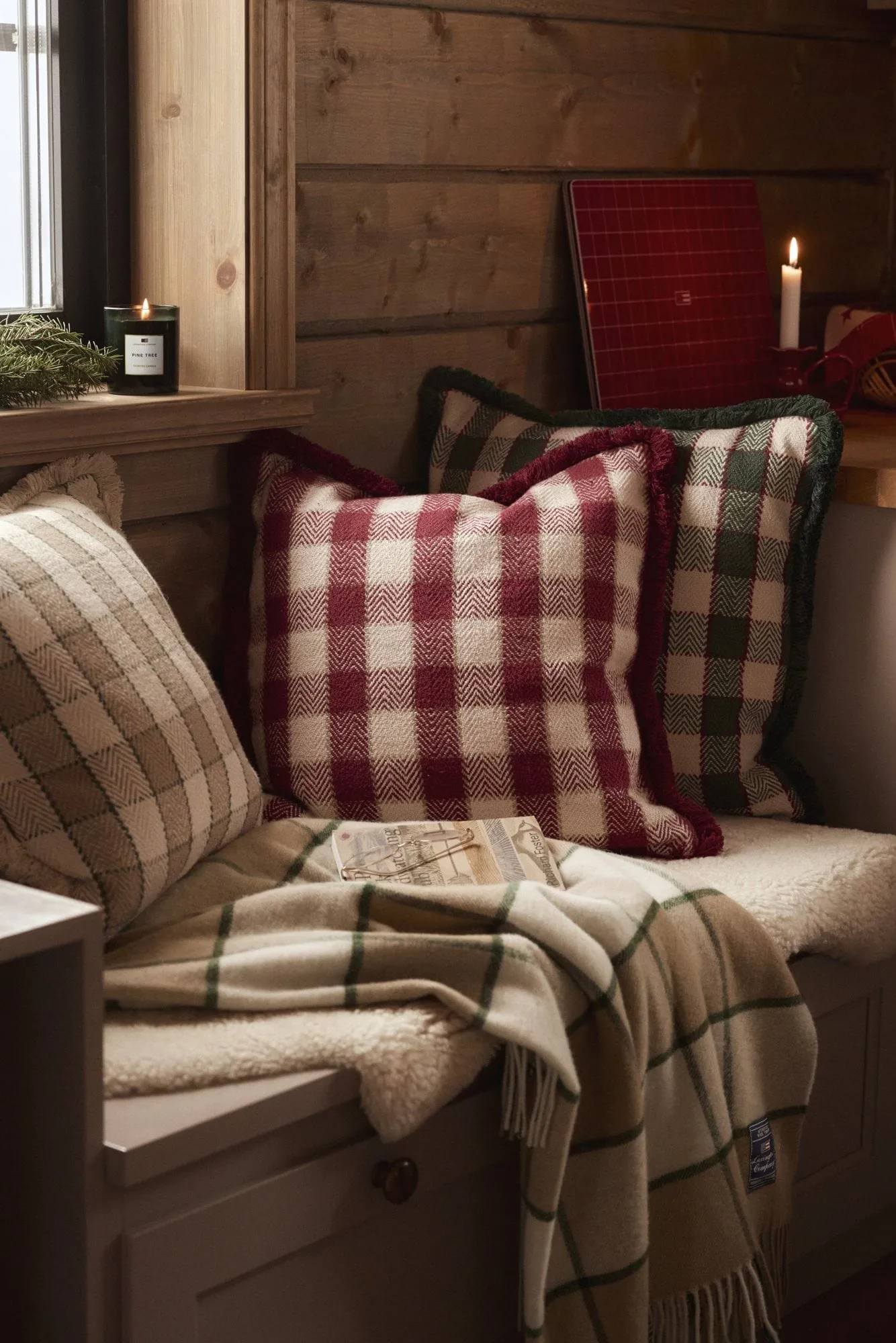 Checked organic cotton fringe putetrekk, Red-light beige-beige Lexington