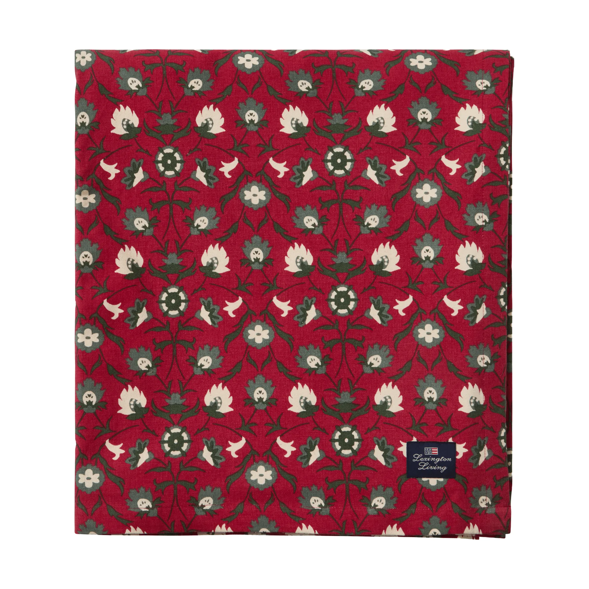 Flower printed økologisk bomullsduk, Red-beige-green, 150x250 cm Lexington
