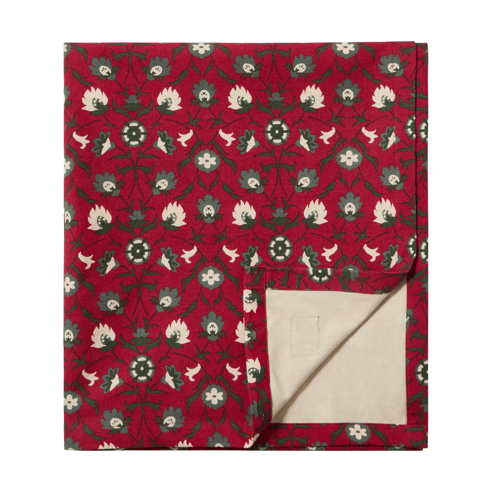 Flower printed økologisk bomullsduk, Red-beige-green, 150x350 cm Lexington