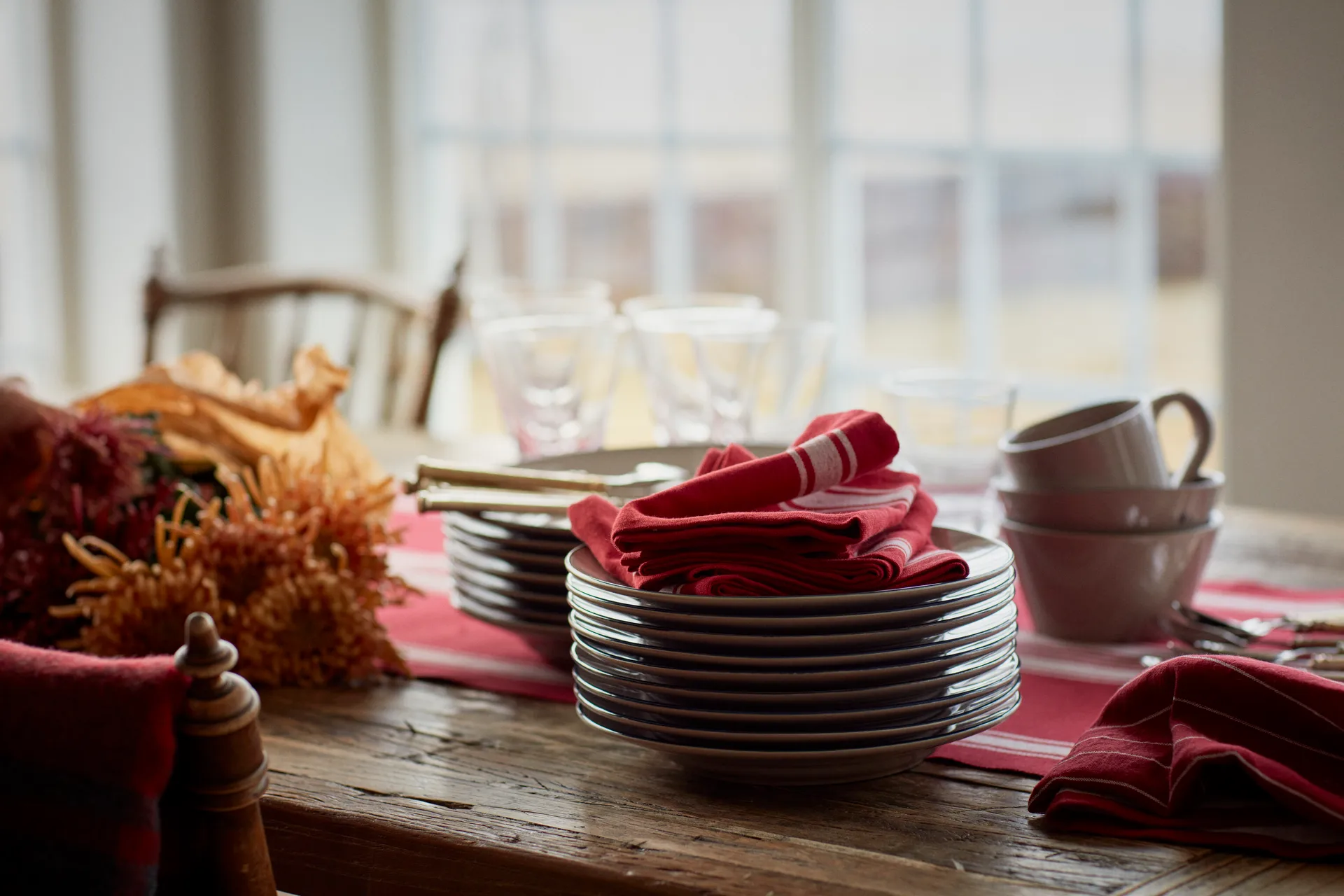 Side striped Cotton Linen serviett 50 x 50 cm, Red-white Lexington