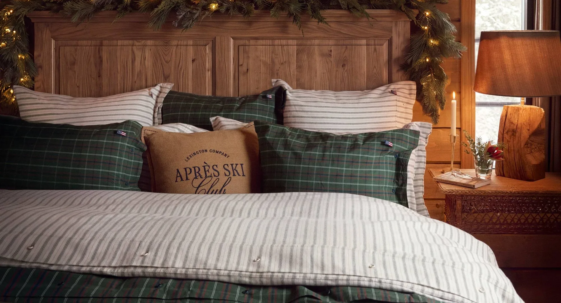 Stripe cotton flannel sengesett, White-green-beige, 50x60 cm/150x210 cm Lexington