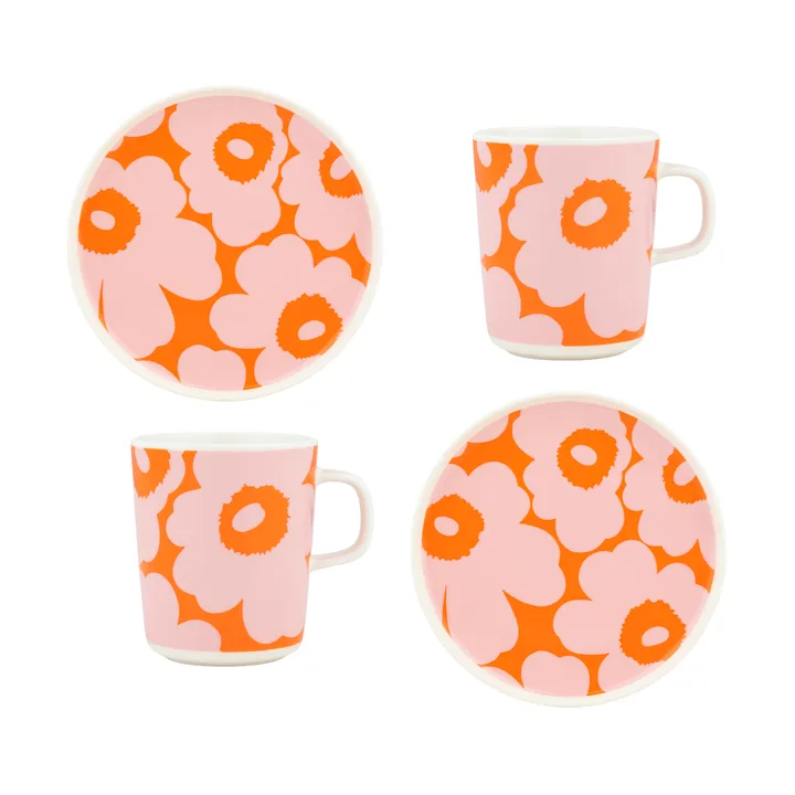 Unikko frokostsett - White-pink-orange, 4 deler - Marimekko