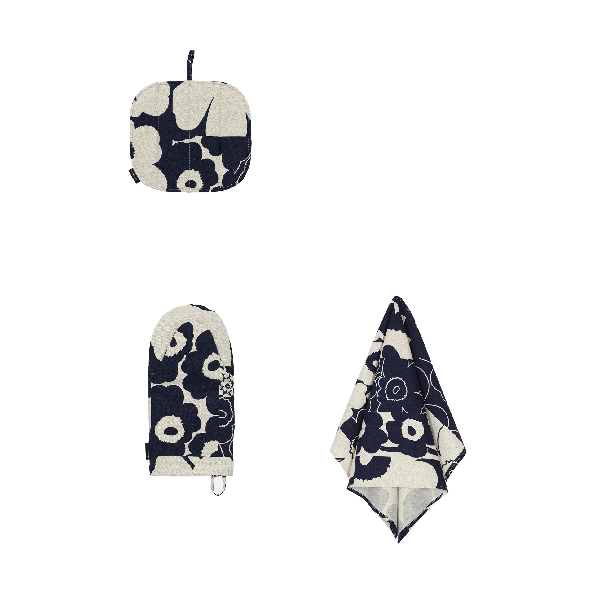 Unikko Kollaasi kjøkkentekstiler, 3 deler, Linen-dark blue Marimekko