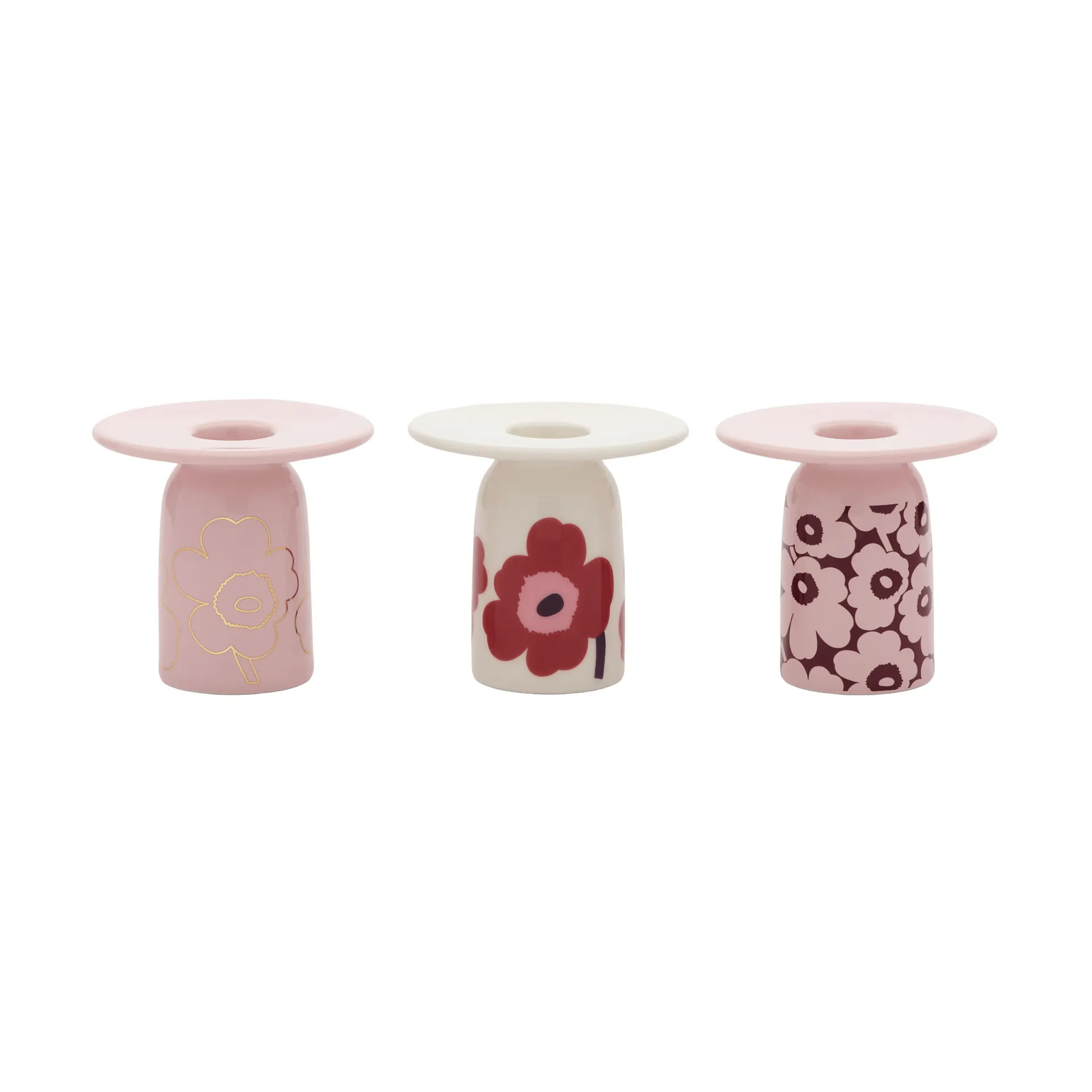 Unikko lysestake, Pink-white-burgundy-gull, 3 deler Marimekko