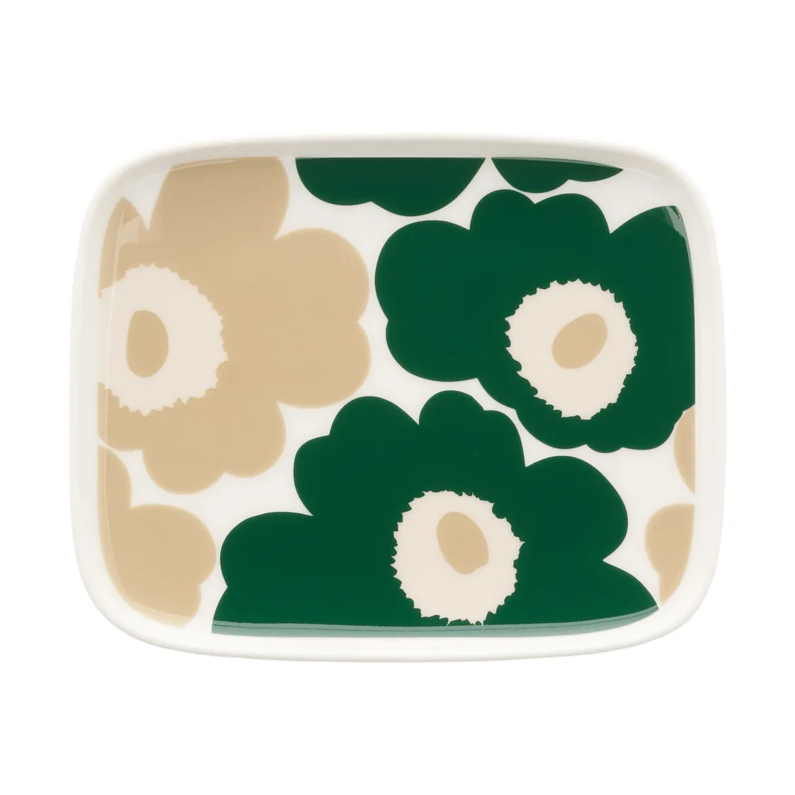 Unikko tallerken 12x15 cm, White-mørkegrønn-beige-lys sand Marimekko