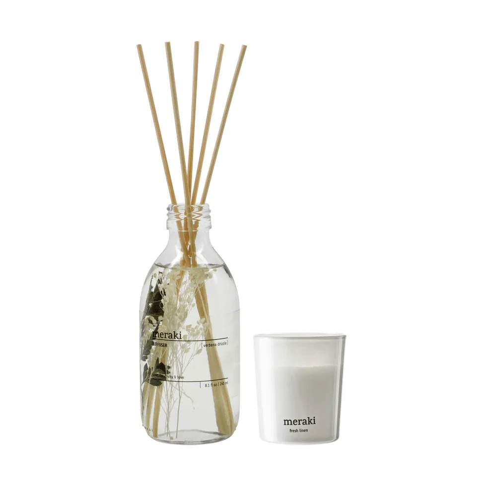 Meraki gavesett duftpinner og duftlys, Verbena drizzle-fresh linen Meraki