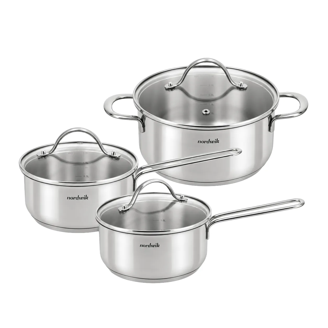 Nordwik grytesett med glasslokk, 3 deler Nordwik