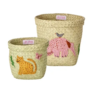 Rice raffia oppbevaringskurv rund 2 deler - Animal Embroidery-Pink-Orange - RICE