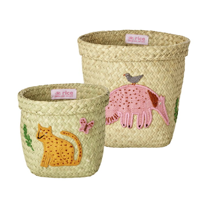 Rice raffia oppbevaringskurv rund 2 deler, Animal Embroidery-Pink-Orange RICE