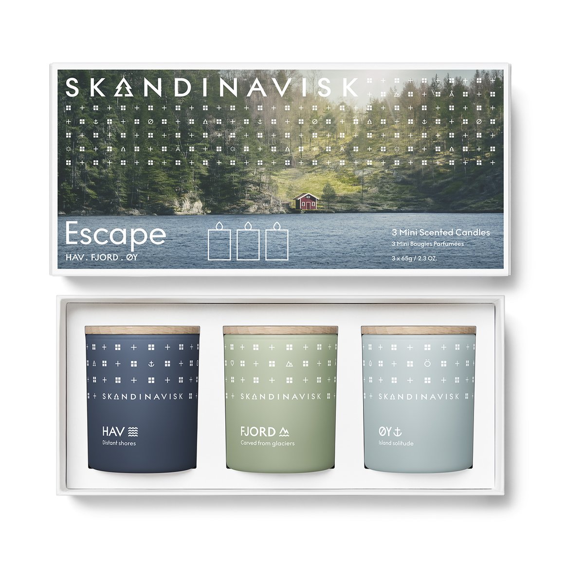 Skandinavisk ESCAPE mini duftlys gavesett 3 deler 65 g