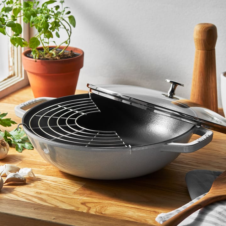 Staub wokpanne støpejern med glasslokk Ø30 cm, White truffle STAUB