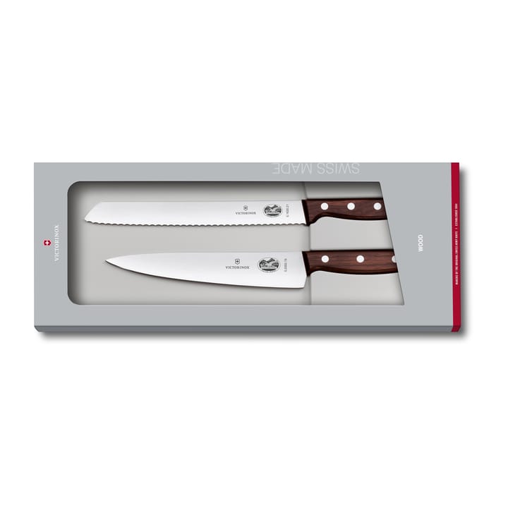 Wood knivsett brødkniv og kokkekniv, Rustfritt stål-lønn Victorinox