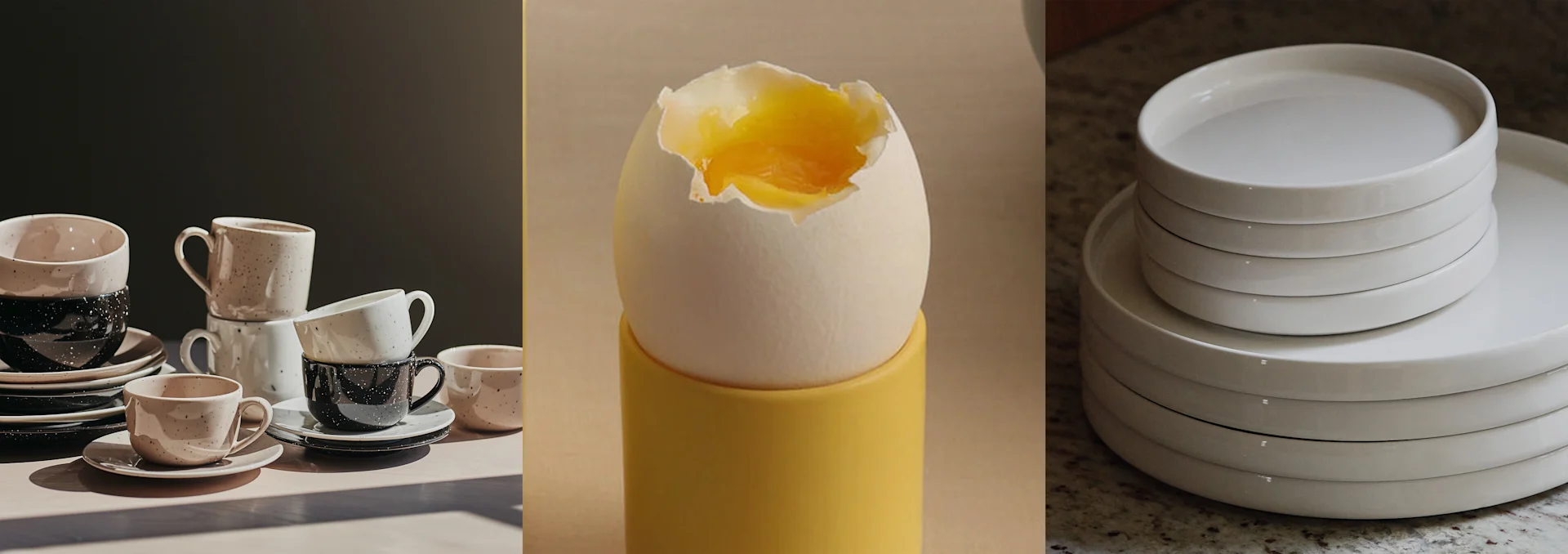 En collage: flekkete keramikkopper og -fat, et bløtkokt egg i en gul eggekopp, og en stabel hvite tallerkener.