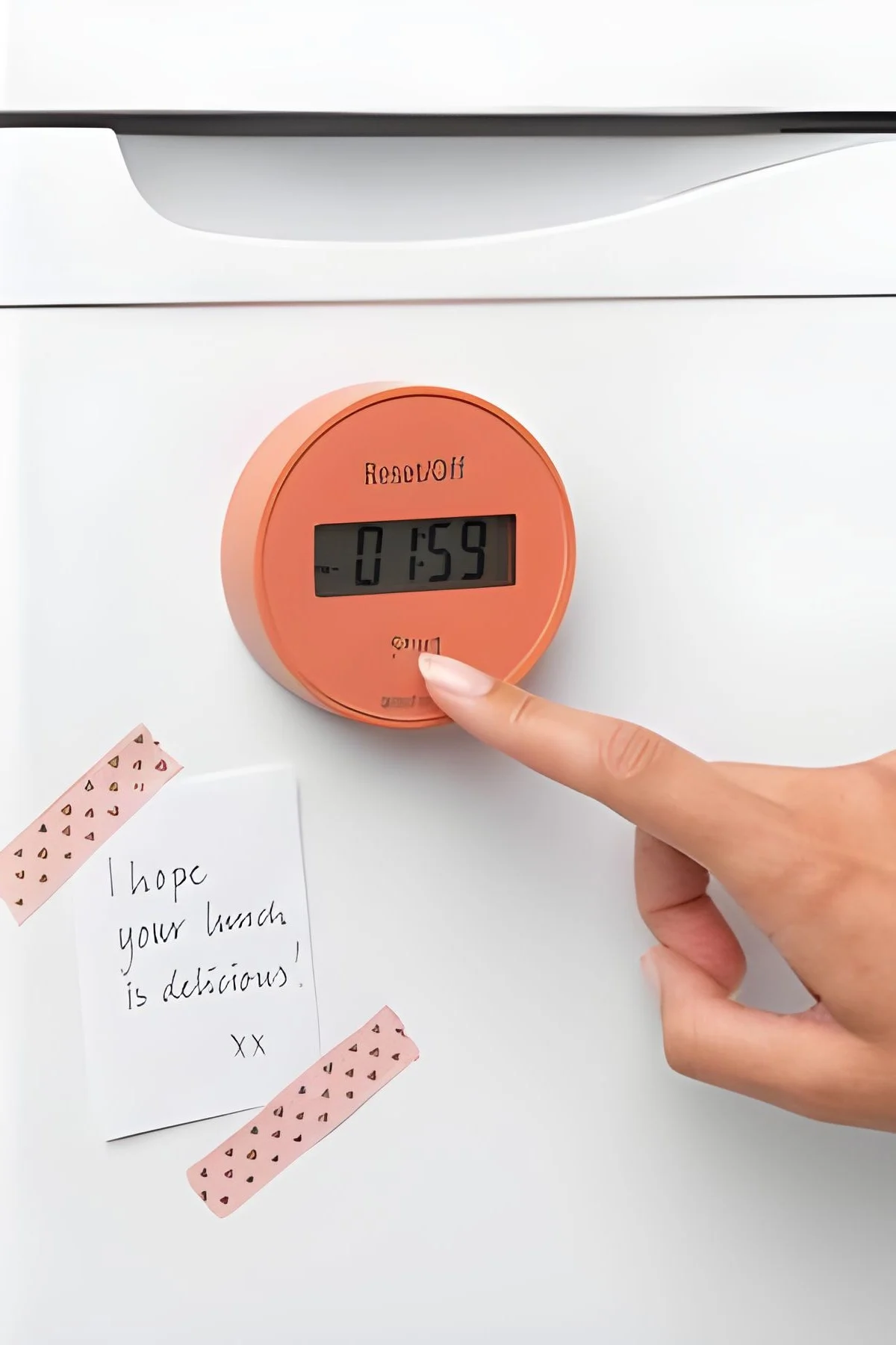 Den digitale kjøkkentimeren fra Brabantia kommer i en elegant lakserosa farge og har en magnet som gjør at den kan festes på kjøleskapet. Den er uunnværlig for hobbykokker som vil holde kontroll på tiden mens de lager mat.