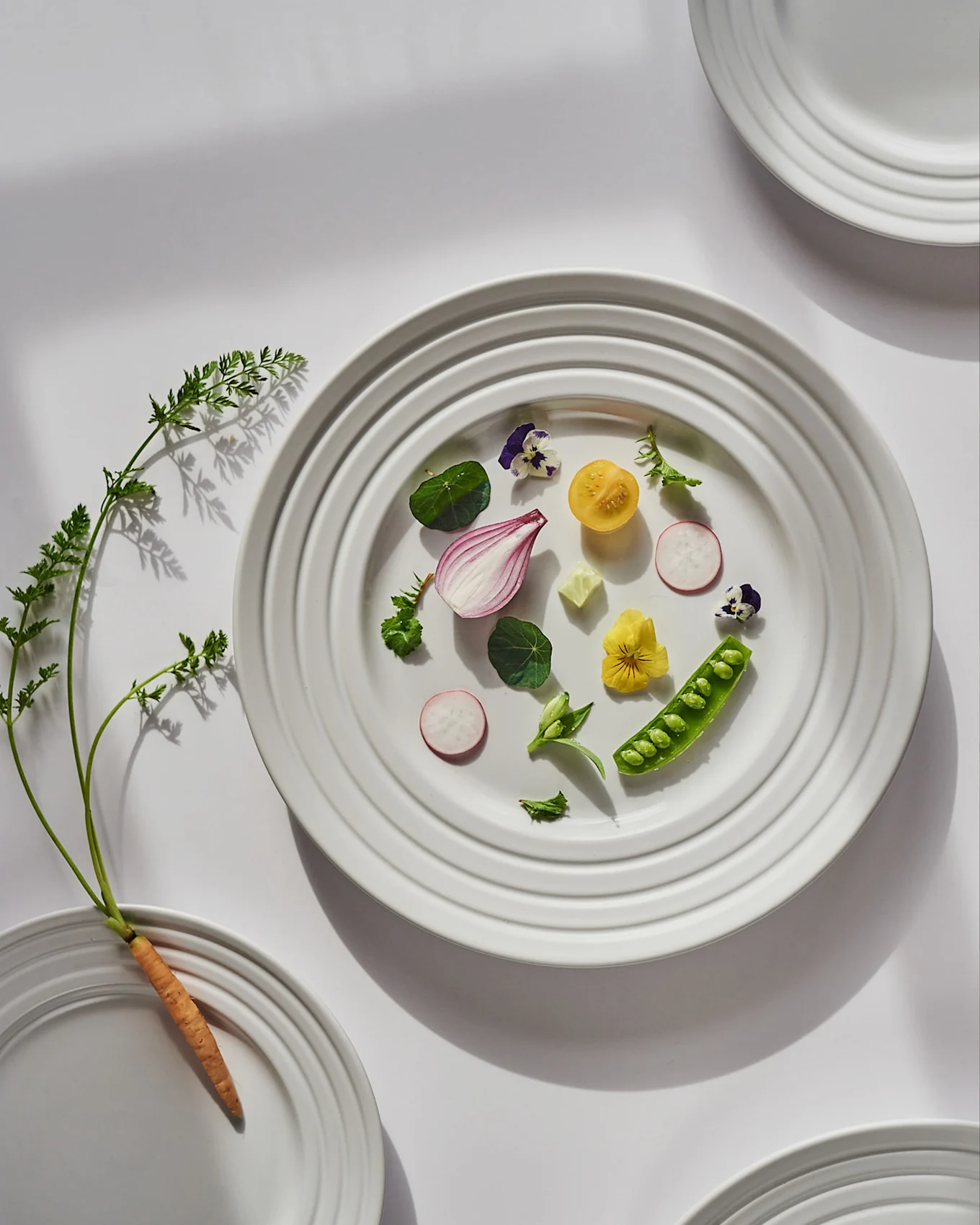 Hvit tallerken med friske grønnsaker: rødløk, tomat, reddiker, erter og spiselige blomster. En gulrot med grønt er i nærheten.