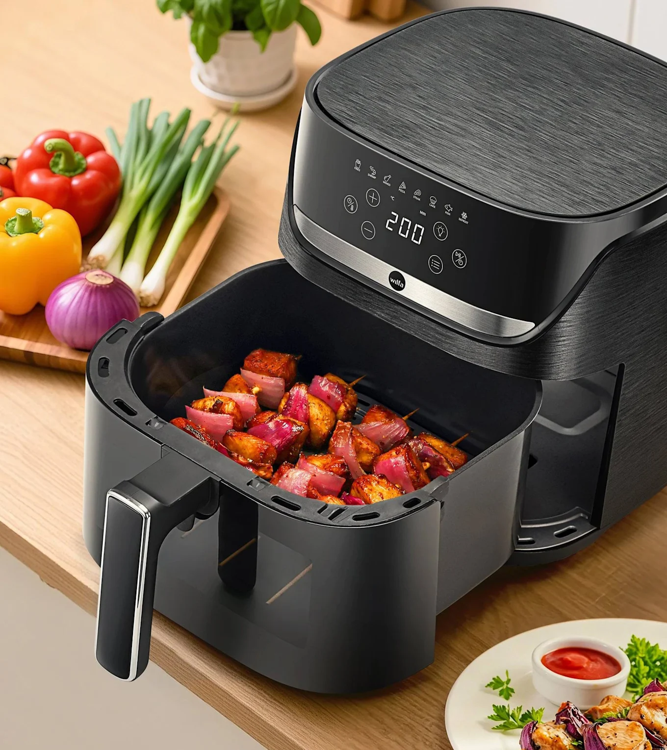 Svart airfryer med kylling- og rødløksspyd, omgitt av ferske grønnsaker på en trebenk.